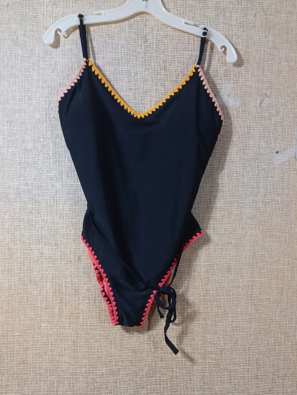 Black One-Piece Swimsuit with Pink & Yellow Trim
